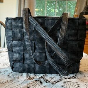Made in Italy Black Woven Straw Nylon Seat Belt Like Shoulder Bag